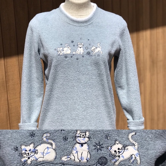 Vintage Cat Fleece Sweatshirt Embroidered Applique Gray Women's Petite S PS 1980 - Picture 8 of 8